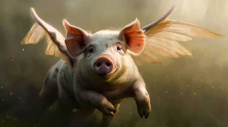 Portrait of a cute little pig with wings flying in the airの素材