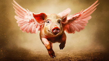 Funny little piglet with pink wings on grunge background.の素材