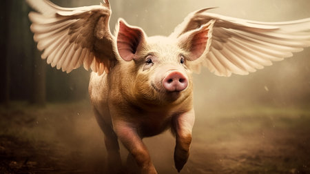 Piglet with wings in the dark foggy forest. Concept of agriculture.の素材