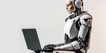 3d rendering humanoid robot working with laptop computer isolated on white backgroundの素材