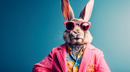 Funny rabbit wearing pink jacket and pink sunglasses on blue background.の素材