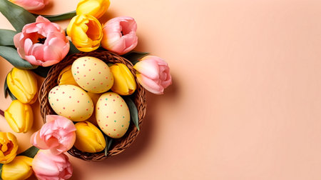 Basket with tulips and easter eggs on beige backgroundの素材