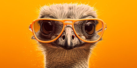 Portrait of a young ostrich in orange glasses on orange backgroundの素材