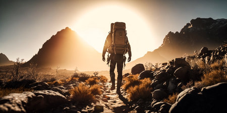 Hikers in the mountains at sunset. 3D rendering.の素材