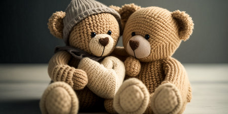Two teddy bears in knitted clothes on a gray background.の素材
