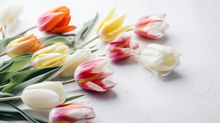 Colorful tulips on a white background. Bouquet of spring flowersの素材