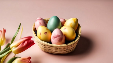 Easter eggs in a basket with tulips on a pink backgroundの素材