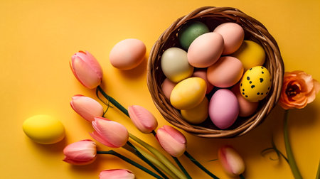 Easter eggs in basket with tulip flowers on yellow background.の素材