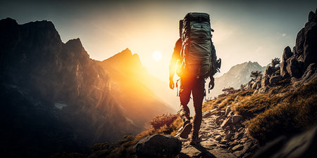 Hiking in the mountains with a backpack and tent. Mixed mediaの素材