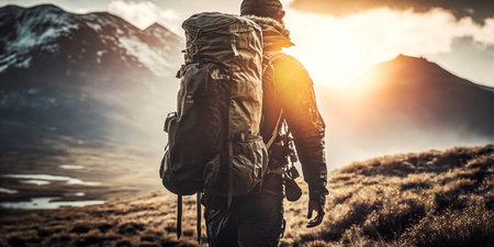 Hiker with backpack standing on the top of a mountain and looking at the sunsetの素材