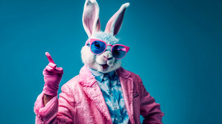 Funny rabbit wearing pink coat and blue sunglasses on blue background.の素材