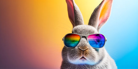 Funny rabbit with sunglasses on colorful background. Happy easter concept.の素材
