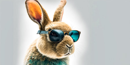 Rabbit wearing sunglasses on white background with space for text. 3D rendering.の素材
