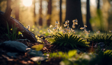 Beautiful spring flowers in the forest at sunset. Spring time.の素材