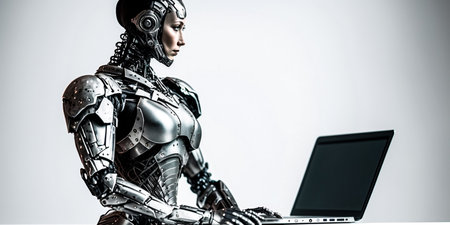 Cyborg woman working on a laptop computer. 3d rendering.の素材