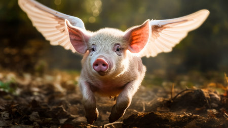 Piglet with wings flying in the air on the farm.の素材