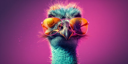 Fashion portrait of an ostrich with sunglasses on a pink backgroundの素材