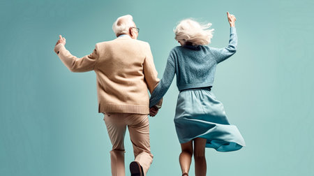 Back view of stylish senior couple in sweaters dancing on color backgroundの素材