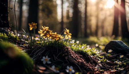 Spring flowers in the forest. Daffodils in the sunlight.の素材