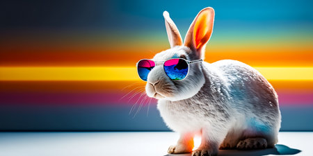 Cute white rabbit wearing sunglasses on colorful background. Easter concept.の素材