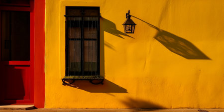 Yellow wall and window with shadow of a street lamp on it.の素材