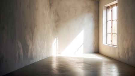 Empty room with concrete floor and sunlight from window. 3d renderingの素材