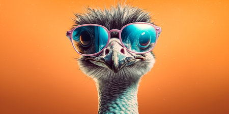 Fashion portrait of a vulture with sunglasses on orange background.の素材