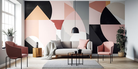 Interior of modern living room with white walls, wooden floor, brown sofa with pink armchair and coffee table. 3d renderingの素材