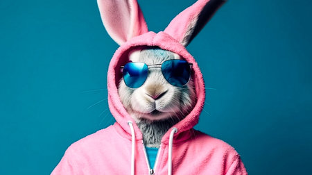 Funny rabbit wearing pink hoodie and blue sunglasses on blue backgroundの素材