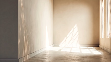 Empty room with sunlight shining through the window. 3D renderingの素材