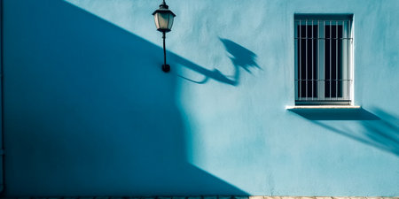 The shadow of a lantern on the blue wall of a house.の素材