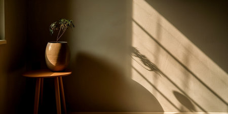 Vase with plants on a table in a room with sunlight and shadowsの素材