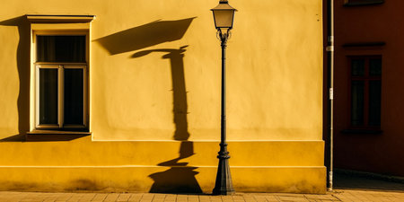 Street lamp and shadow on the yellow wall of the old building.の素材