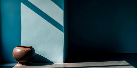 Clay pot with shadow on blue wall. Minimalist interiorの素材