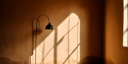 Lamp on the wall of an old building with a shadow in the windowの素材