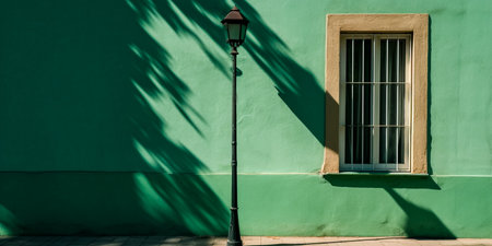 street lamp on a green wall with a window and a latticeの素材