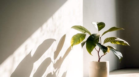Ficus elastica in a white pot on a white wall with shadowの素材