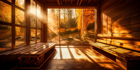 Wooden terrace in the autumn forest with sun rays through the windowの素材