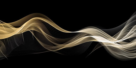 Abstract golden waves on black background. Vector illustration for your design.の素材