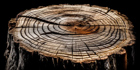 Closeup of a cut tree trunk with annual rings on black backgroundの素材