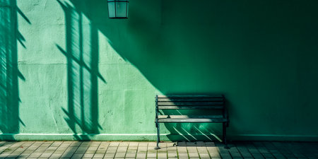 Bench in front of a green wall with shadow on the wall.の素材