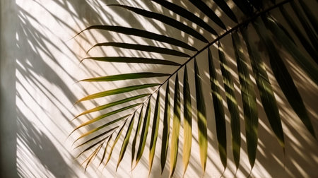 Tropical palm leaf shadow on white wall background. Sunlight and shadows.の素材