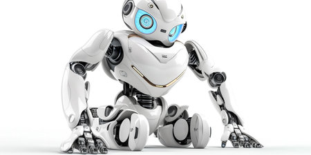 Robot on white background. 3D rendering. Robot sitting.の素材