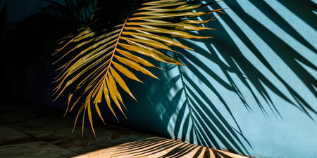 tropical palm leaf shadow on blue wall background. minimal concept.の素材