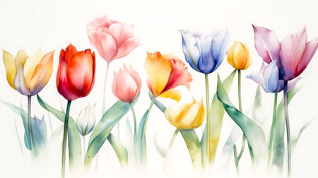 Colorful tulip flowers on white background. Digital watercolor painting.の素材