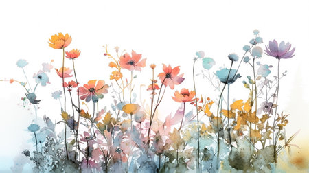 Watercolor painting of colorful cosmos flowers on white background, digital illustrationの素材