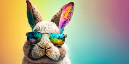Funny rabbit with sunglasses on colorful background. Easter holiday concept.の素材