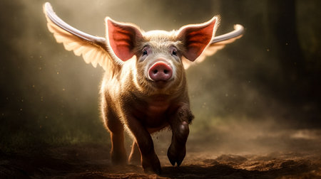 Portrait of a cute little pig with wings in the dark forestの素材