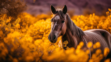 Wild Horse in a Field of Yellow Flowers in Utah, United States.の素材