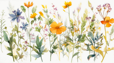 Watercolor floral background with wild flowers. Hand-painted illustration.の素材